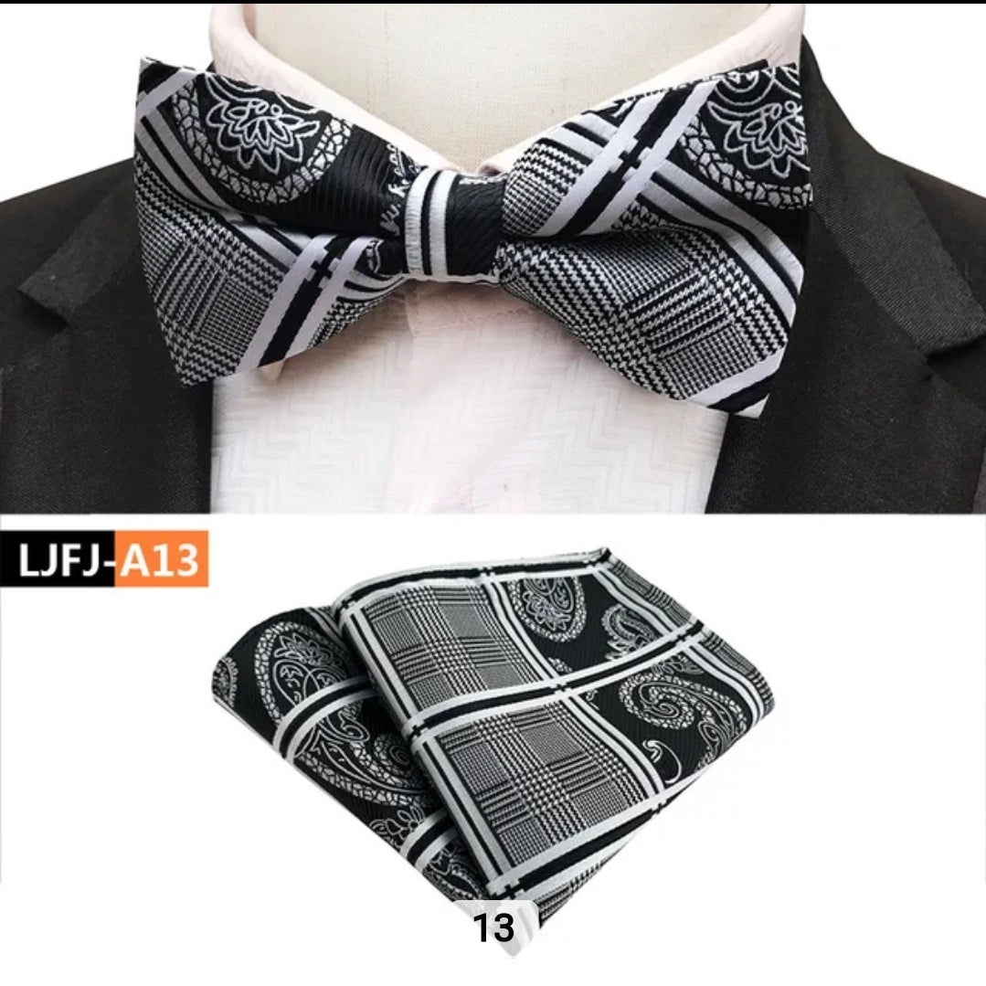 BLACK BOWTIE AND POCKET SQAURE SET