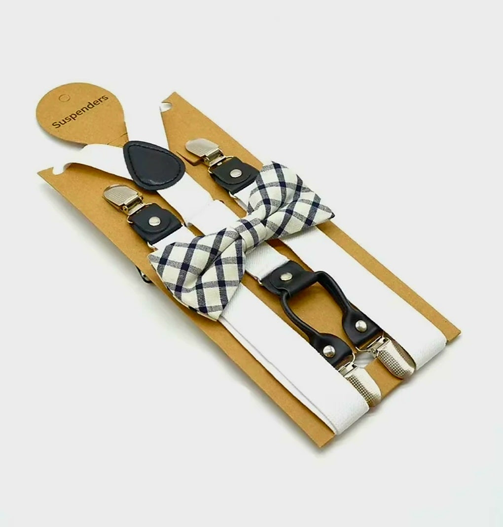 WHITE BOWTIE AND SUSPENDER SET