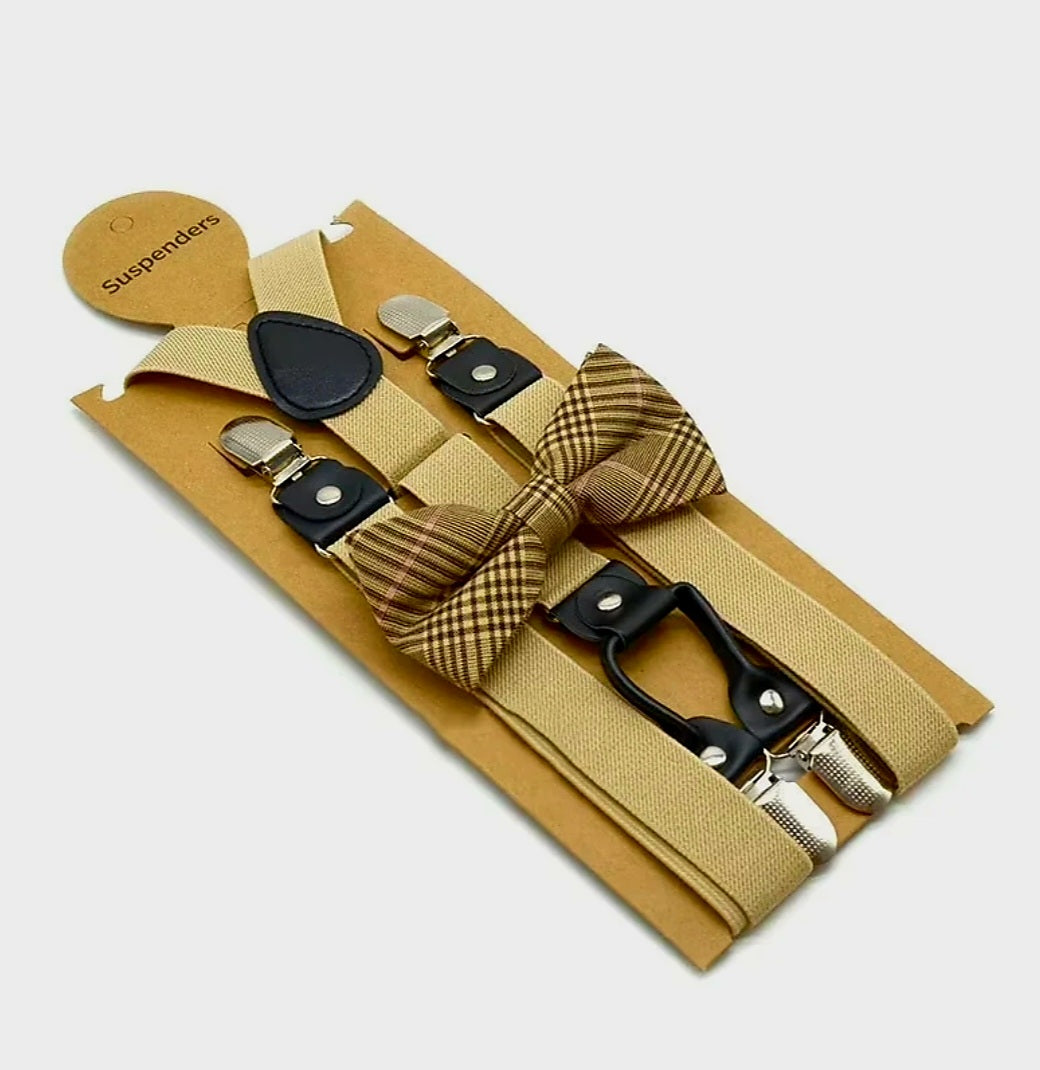 TAN BOWTIE AND SUSPENDER SET