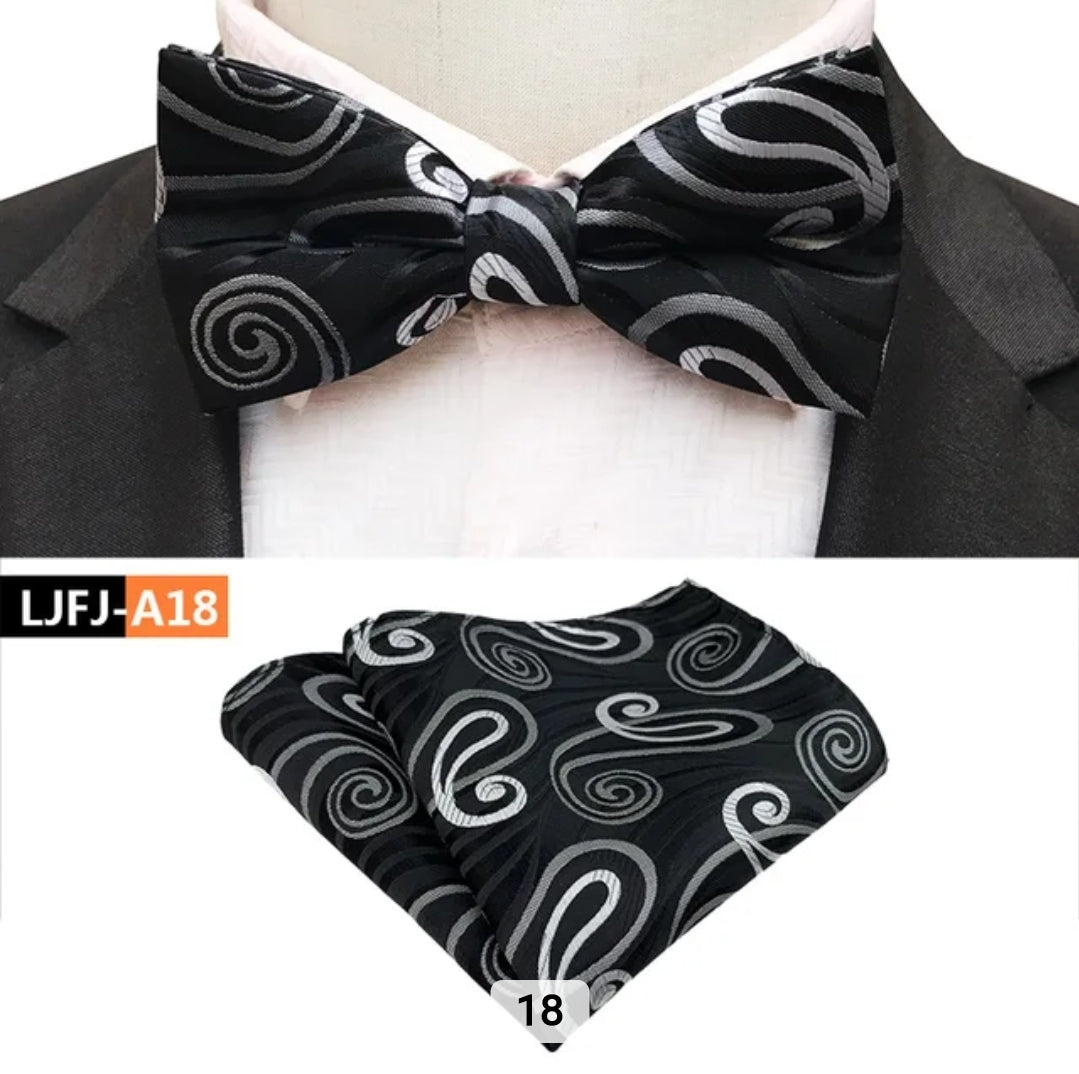 BLACK BOWTIE AND POCKET SQAURE SET