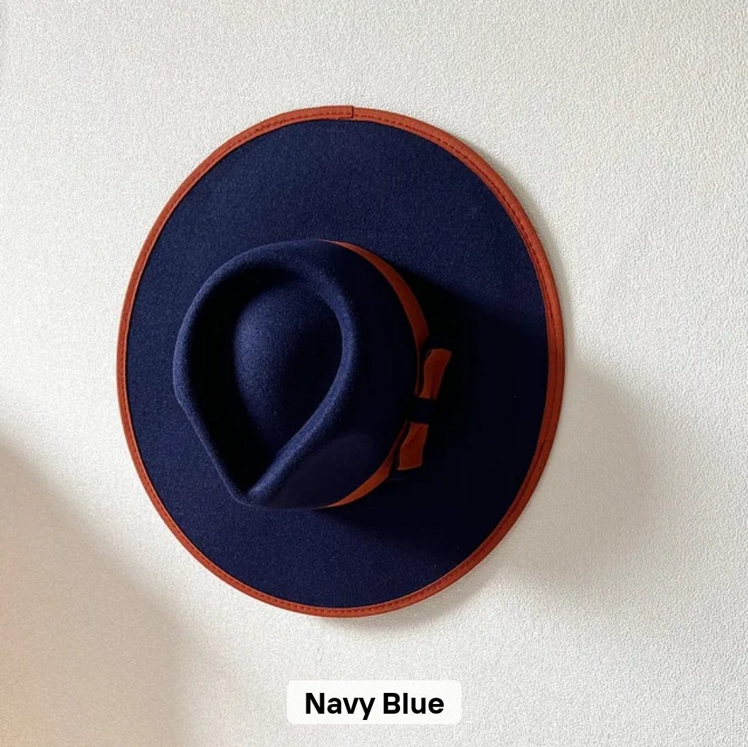 Navy Blue Wide Brim Fedora Hat with Orange Band/ Men's & Women 's Dress Hat