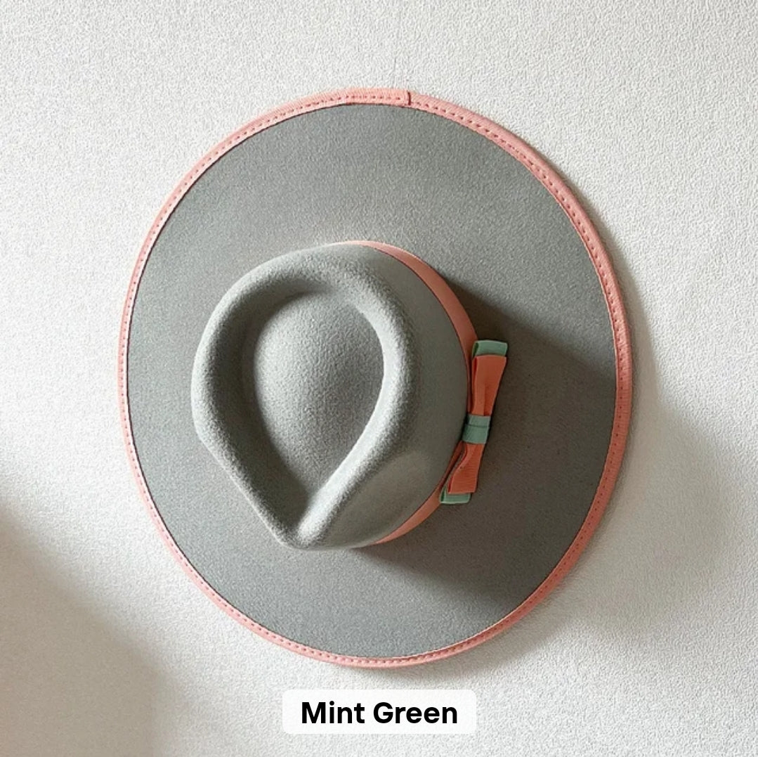 Mint Green Wide Brim Fedora Hat with Peach Band/ Men's & Women 's Dress Hat