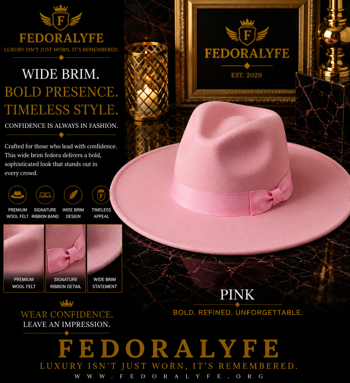 PINK WIDE BRIM FEDORA HAT