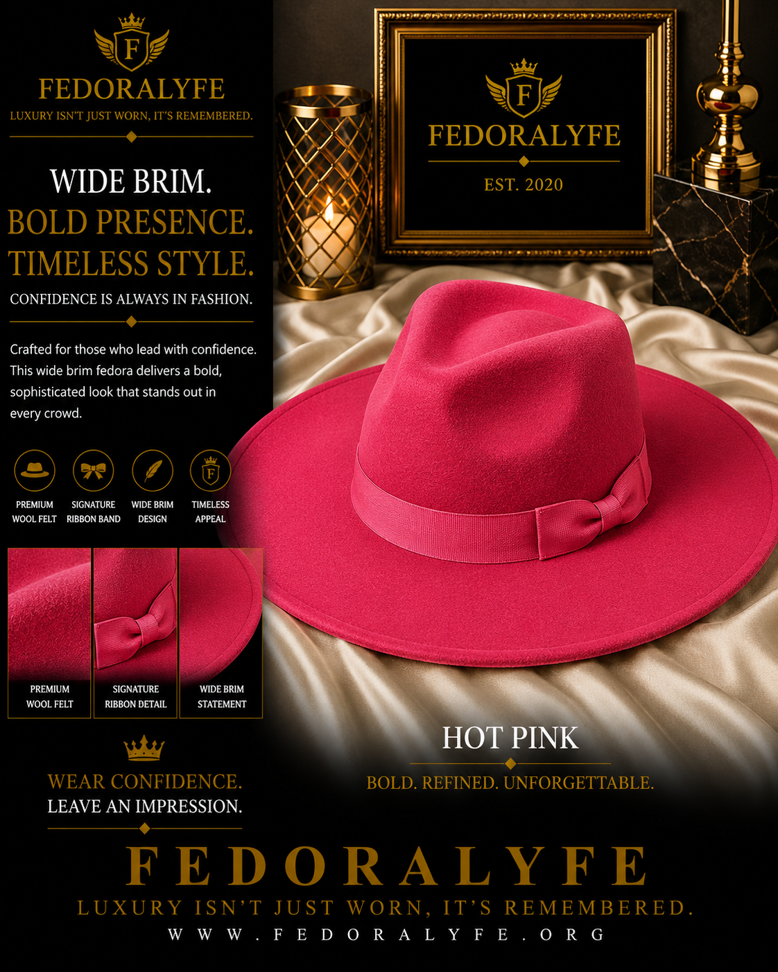 PINK WIDE BRIM FEDORA HAT