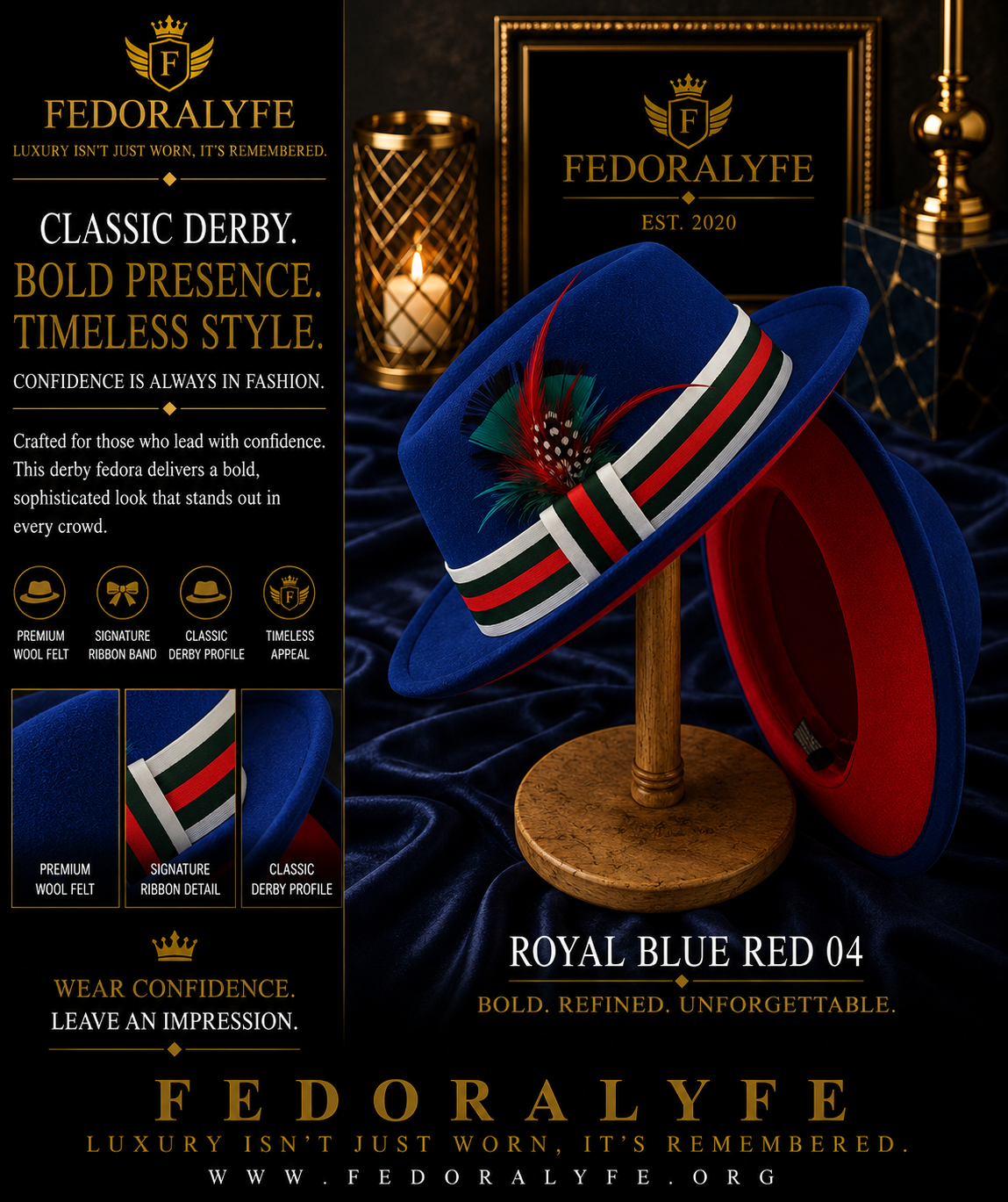 BLUE DERBY FEDORA HAT WITH RED LINING