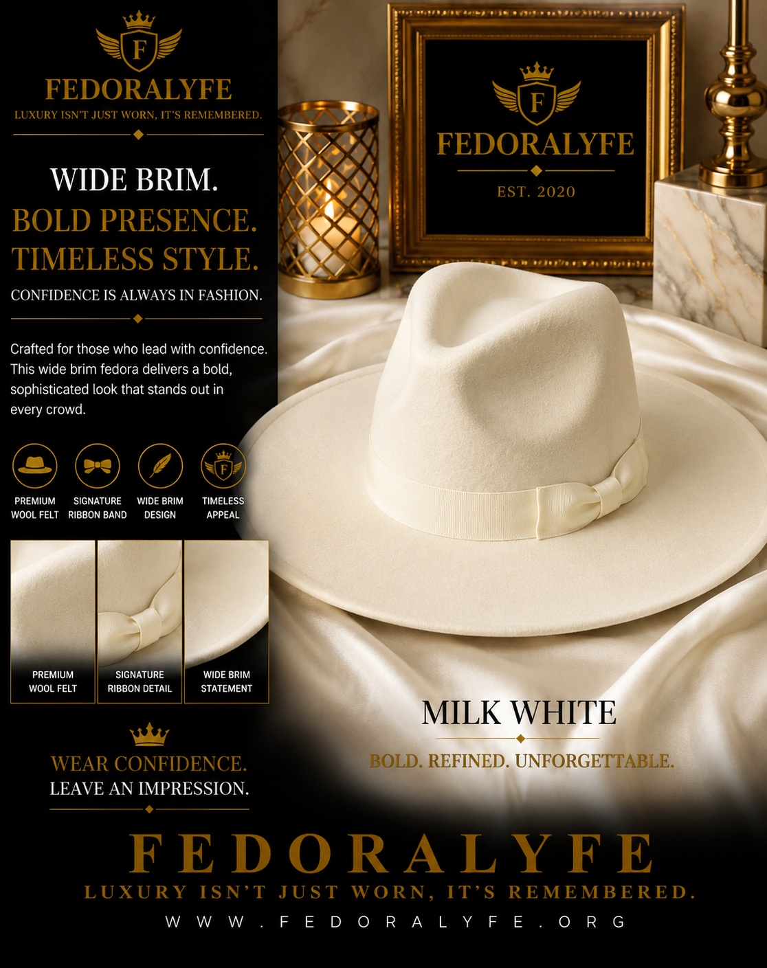 MILK WHITE WIDE BRIM FEDORA HAT