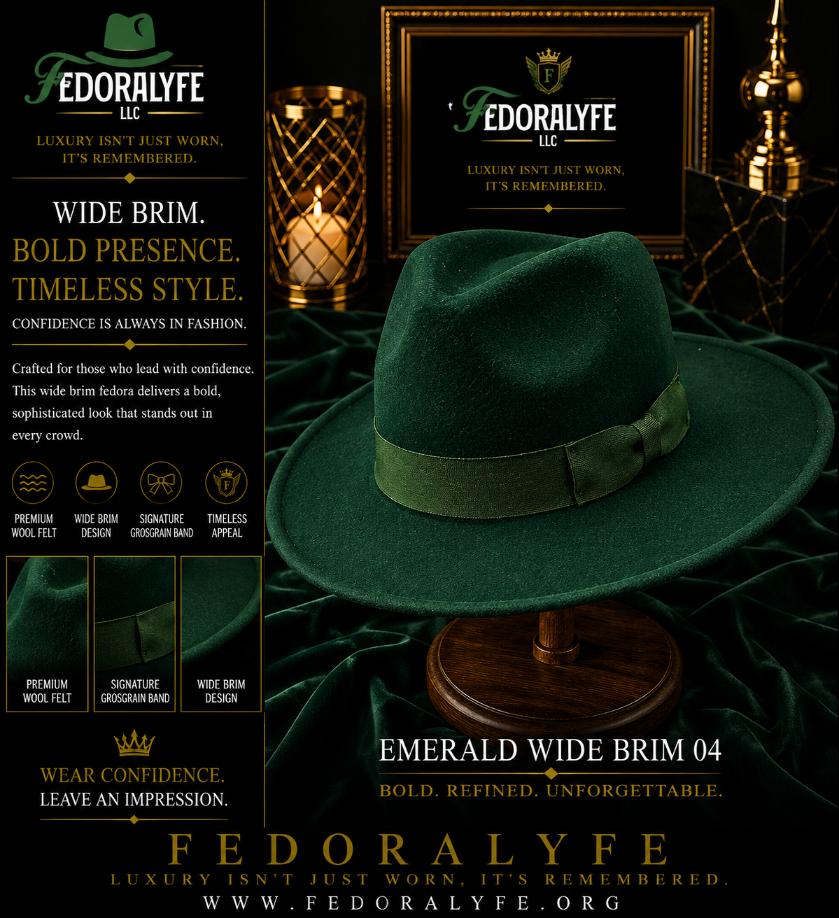 EMERALD GREEN WIDE BRIM FEDORA HAT