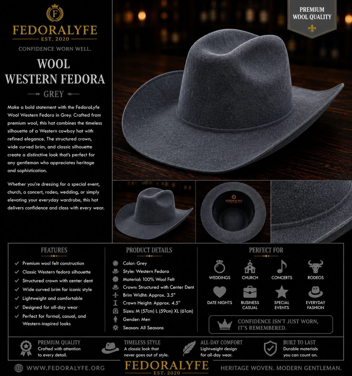 Wool Western Fedora – Grey