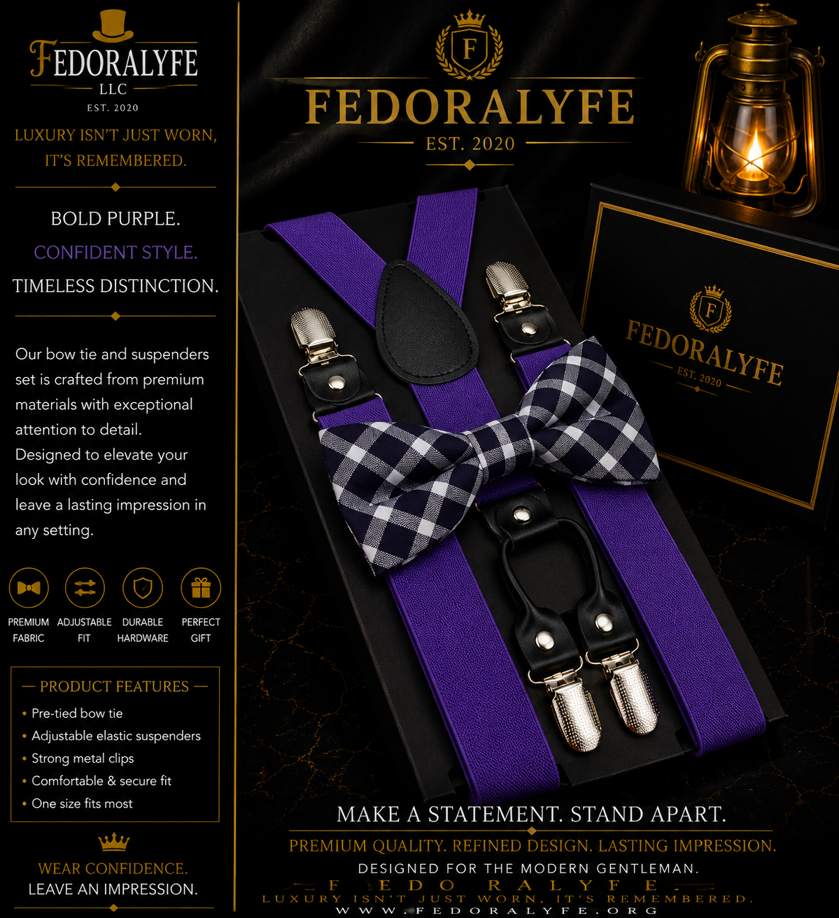 PURPLE BOWTIE AND SUSPENDER SET