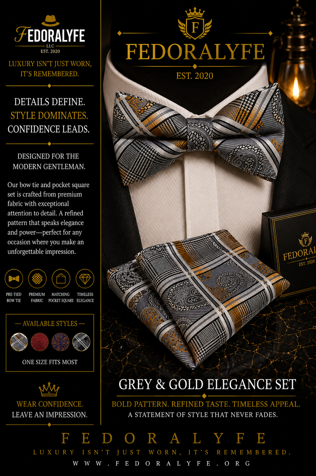 GREY BOWTIE AND POCKET SQAURE SET