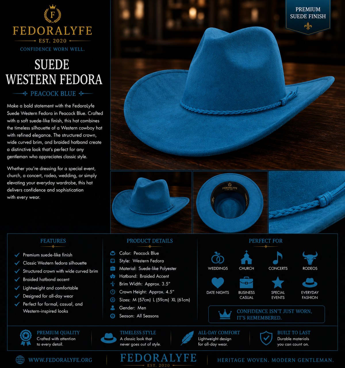 Suede Western Fedora – Peacock Blue