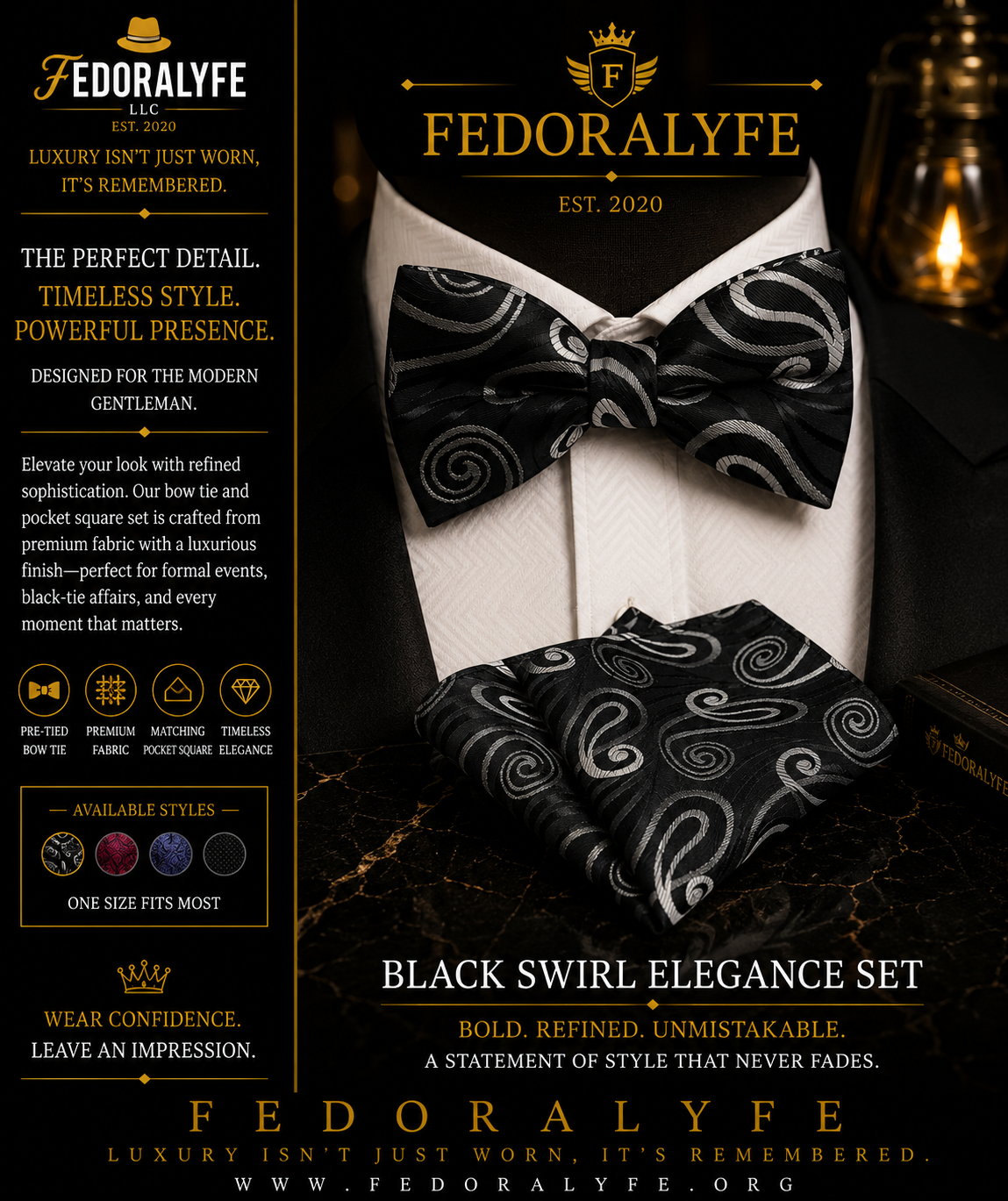 BLACK BOWTIE AND POCKET SQAURE SET