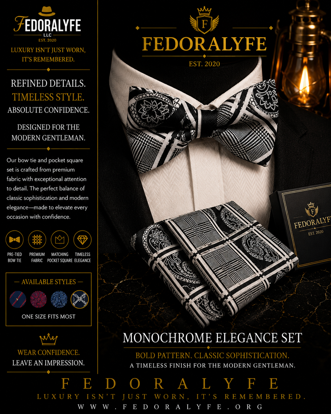 BLACK BOWTIE AND POCKET SQAURE SET