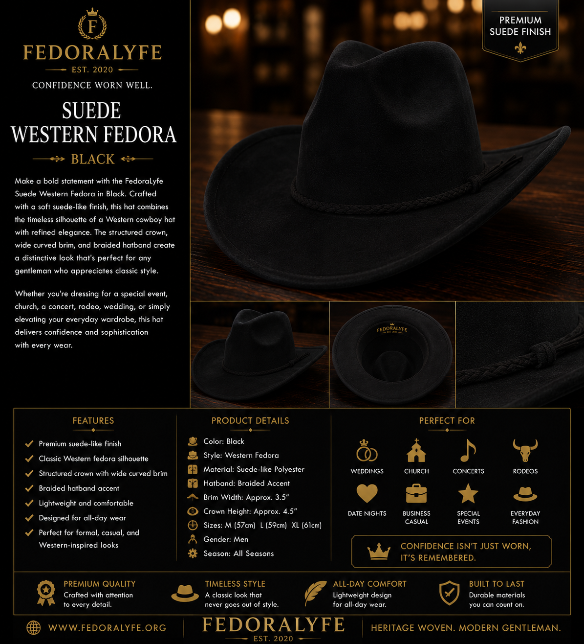 Suede Western Fedora – Black