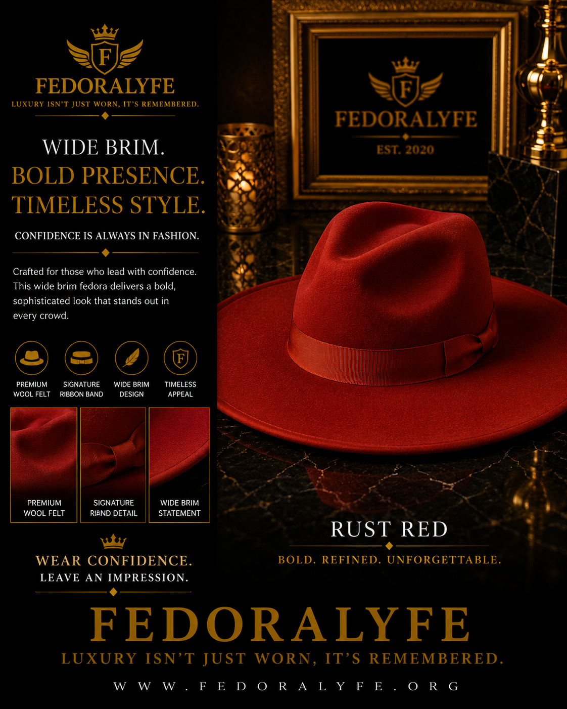 RED (RUST) WIDE BRIM FEDORA HAT