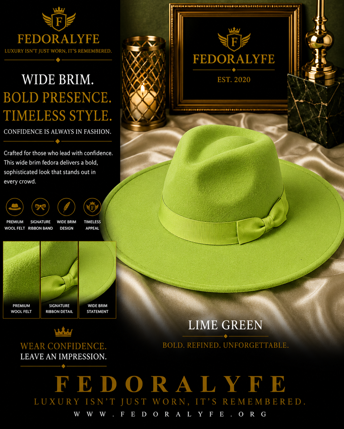 LIME GREEN WIDE BRIM FEDORA HAT