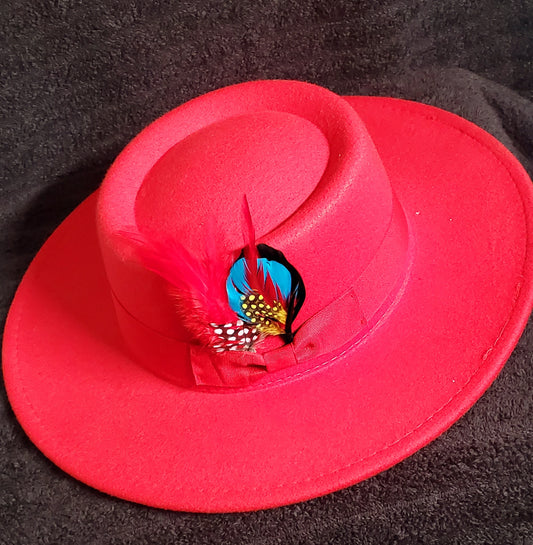 RED FLAT TOP FEDORA HAT