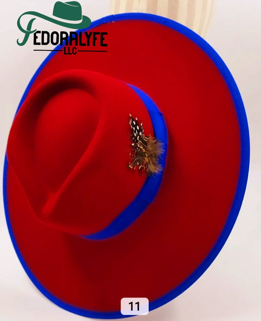 RED WITH A BLUE TIP FEDORA HAT