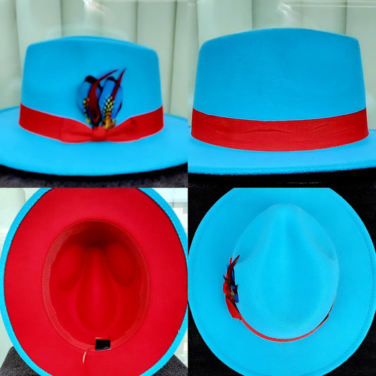 LIGHT BLUE FEDORA HAT WITH RED LINING