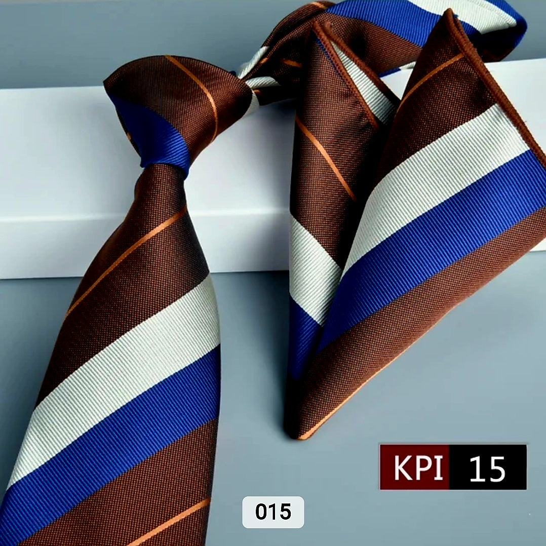 BROWN,BLUE, AND CREAM  STRIPED TIE SET