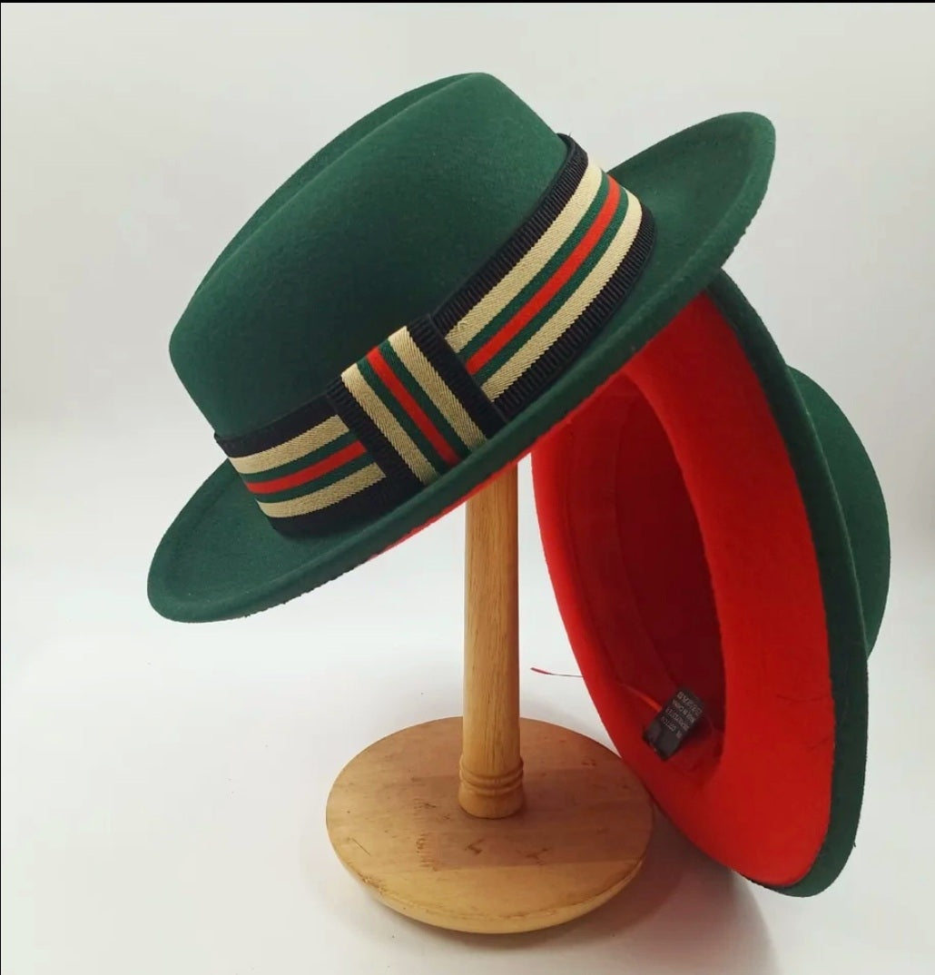 GREEN DERBY FEDORA HAT WITH RED LINING
