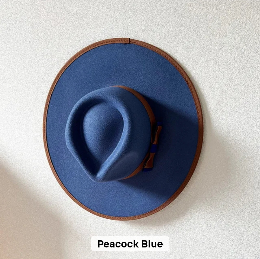 Peacock Blue Wide Brim Fedora Hat with Wheat Band/ Men's & Women 's Dress Hat