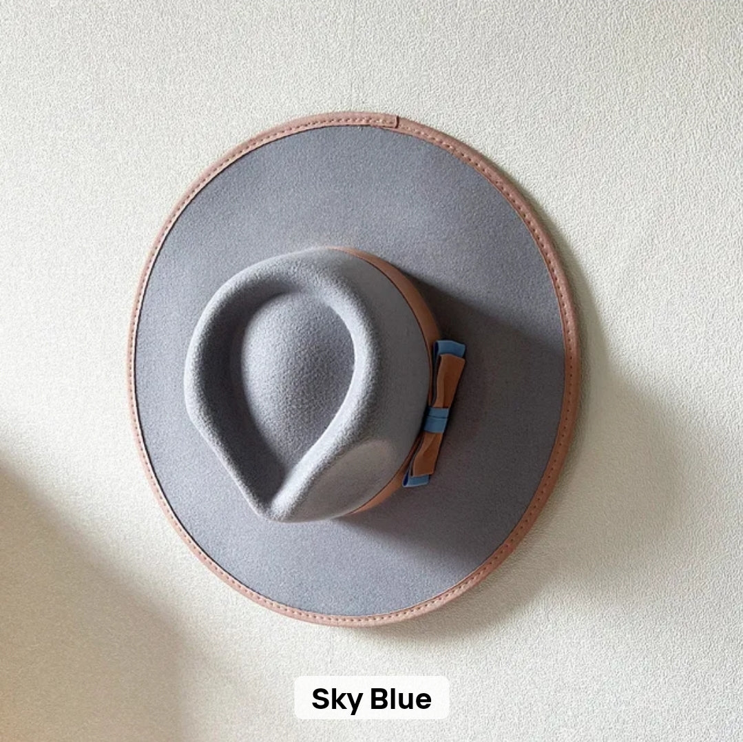 Sky Blue Wide Brim Fedora Hat with Tan Band/ Men's & Women 's Dress Hat