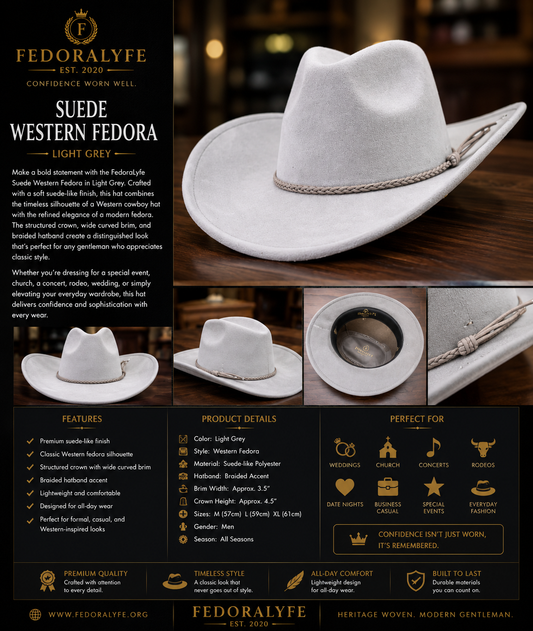Suede Western Fedora – Light Grey