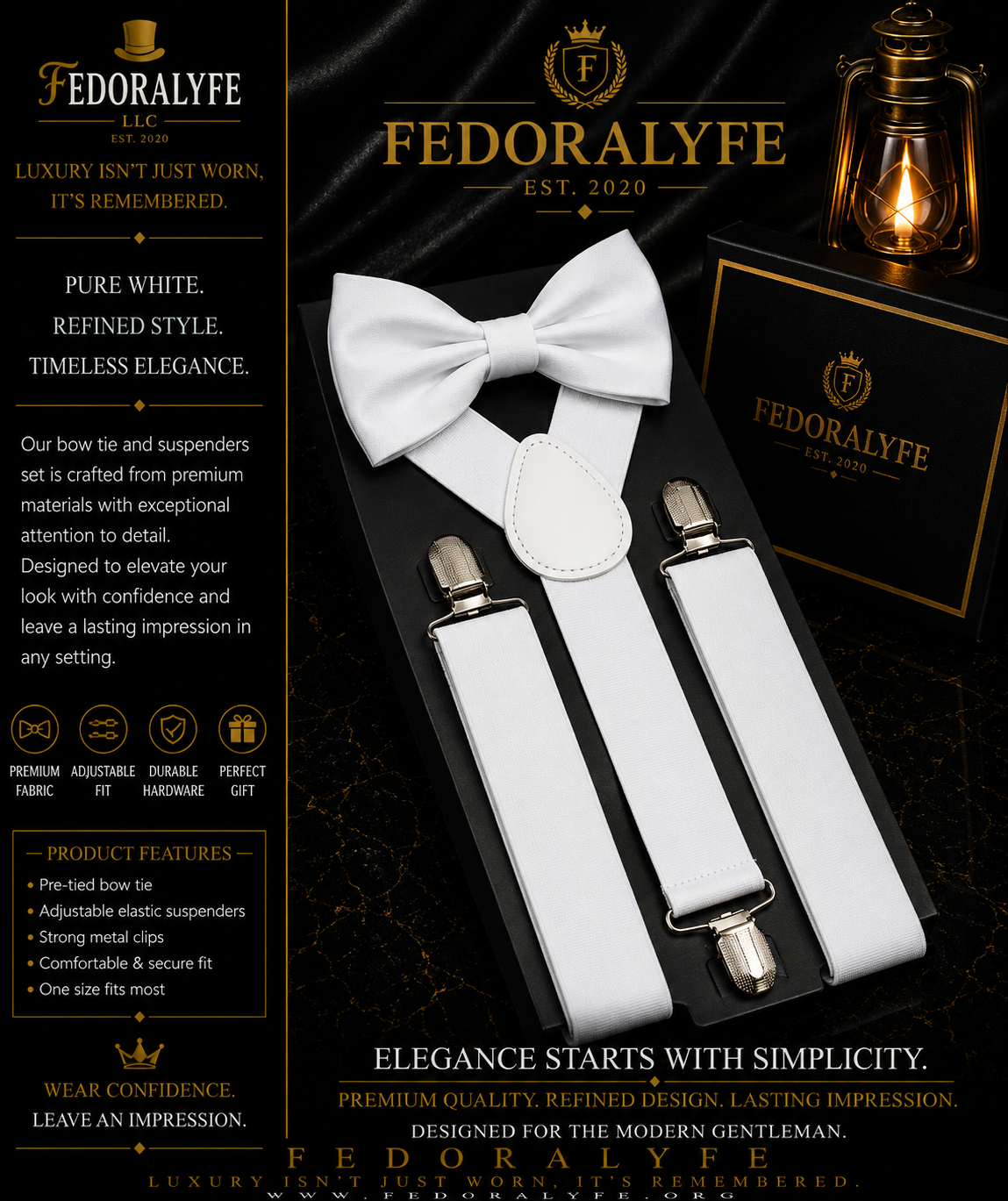 WHITE BOWTIE AND SUSPENDER SET