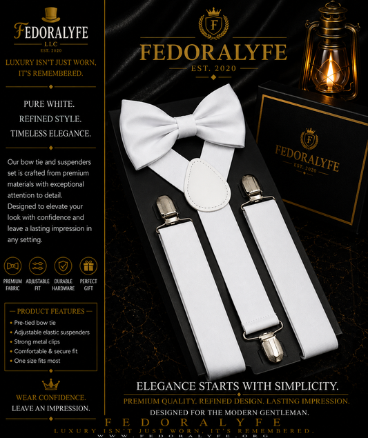 WHITE BOWTIE AND SUSPENDER SET