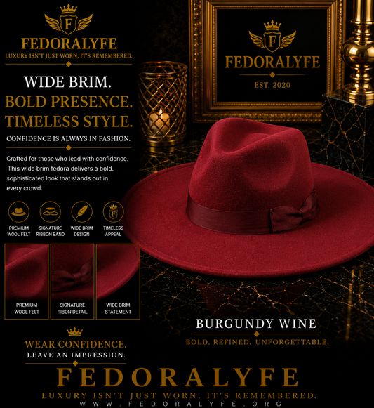 MAROON WIDE BRIM FEDORA HAT