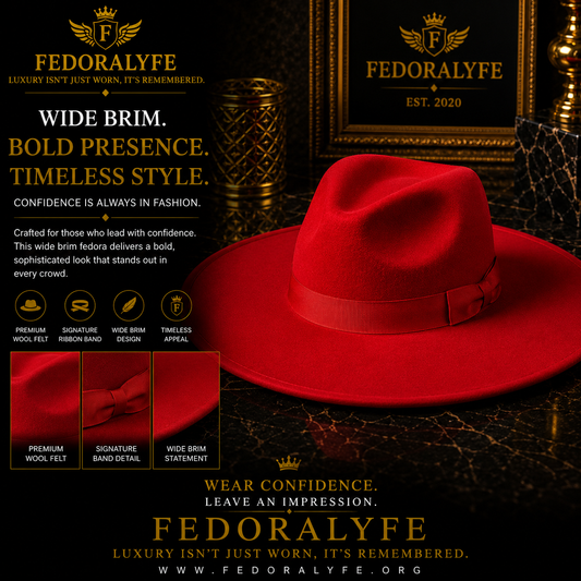 RED WIDE BRIM FEDORA HAT