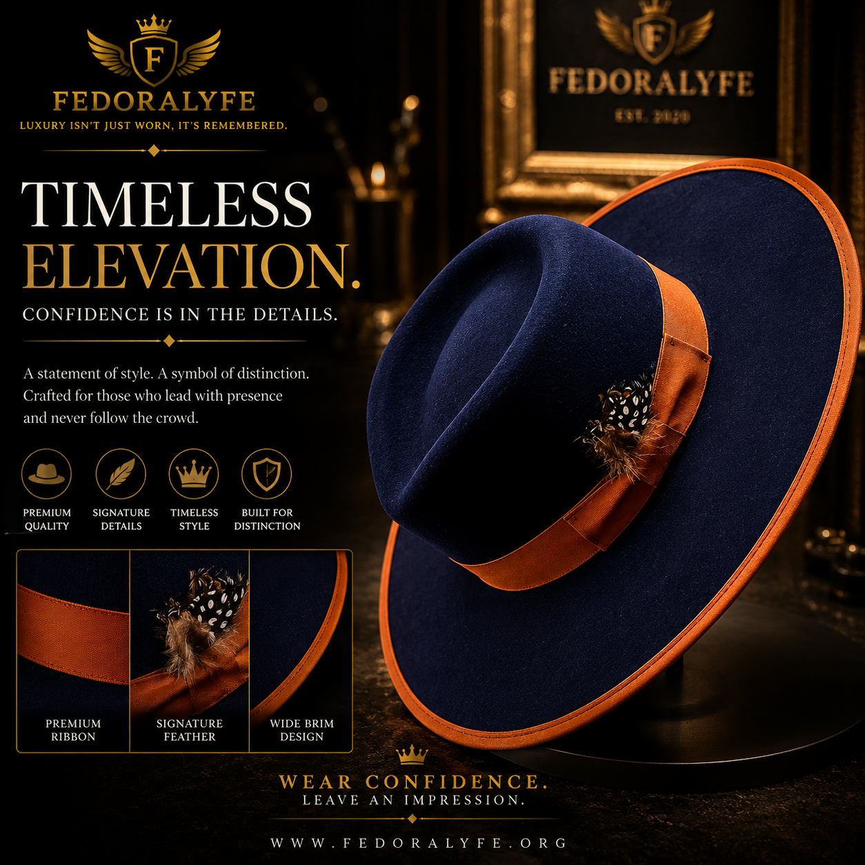 DARK BLUE WITH ORANGE TIP FEDORA HAT