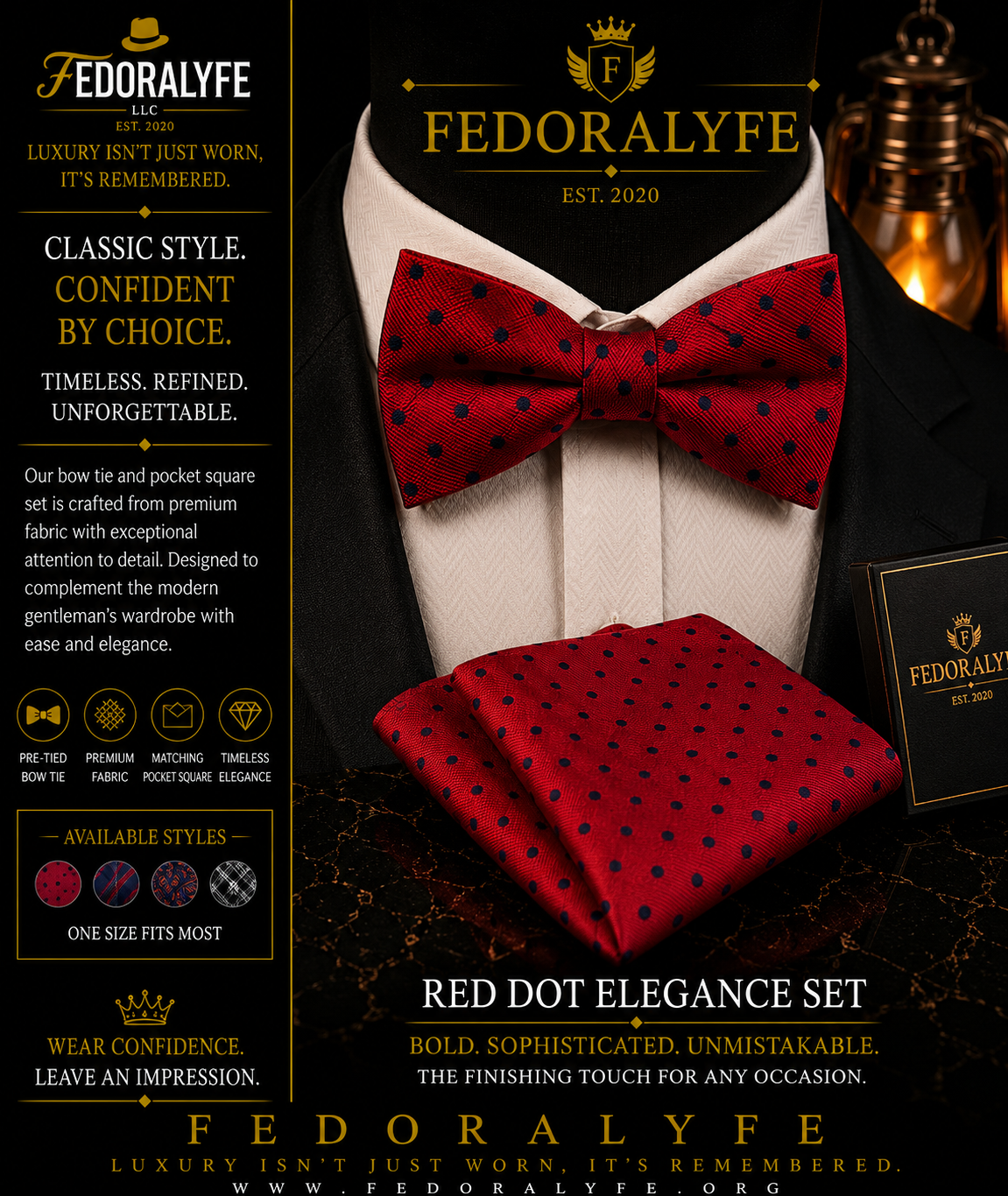 RED BOWTIE AND POCKET SQAURE SET