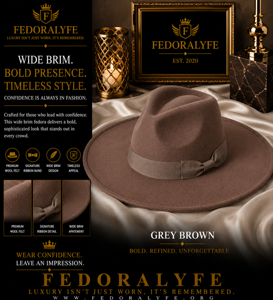 GREY BROWN WIDE BRIM FEDORA HAT