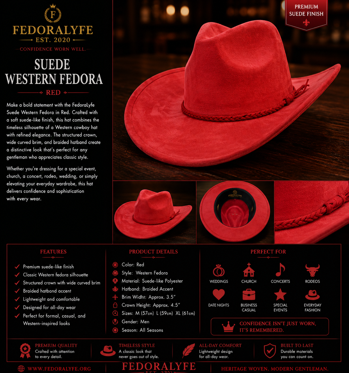 Suede Western Fedora – Red