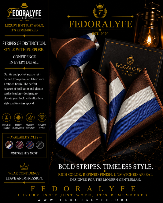 BROWN,BLUE, AND CREAM  STRIPED TIE SET