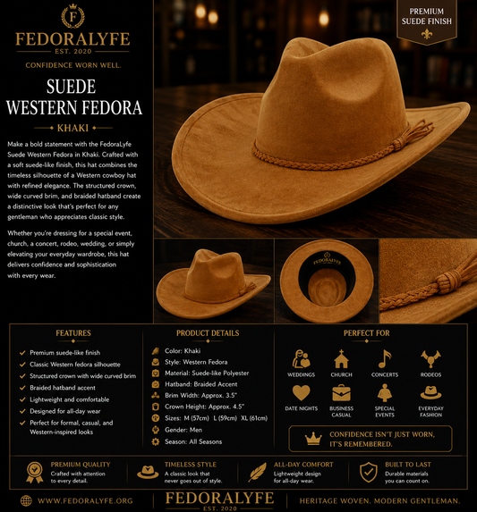 Suede Western Fedora – Khaki