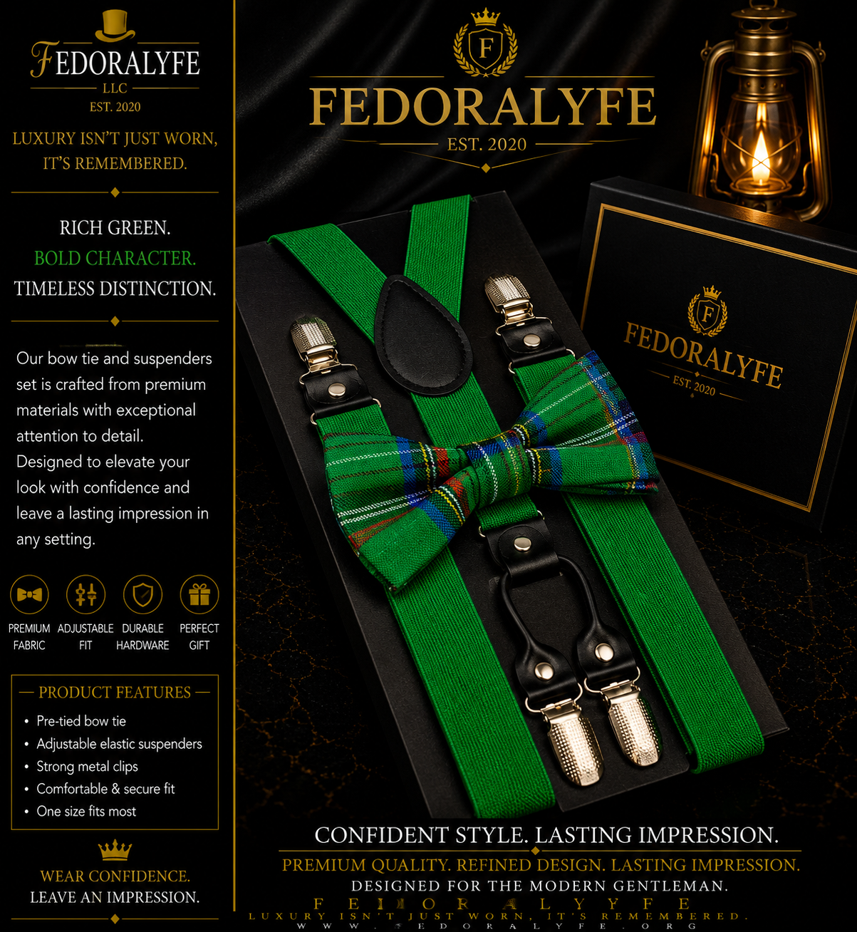GREEN BOWTIE AND SUSPENDER SET