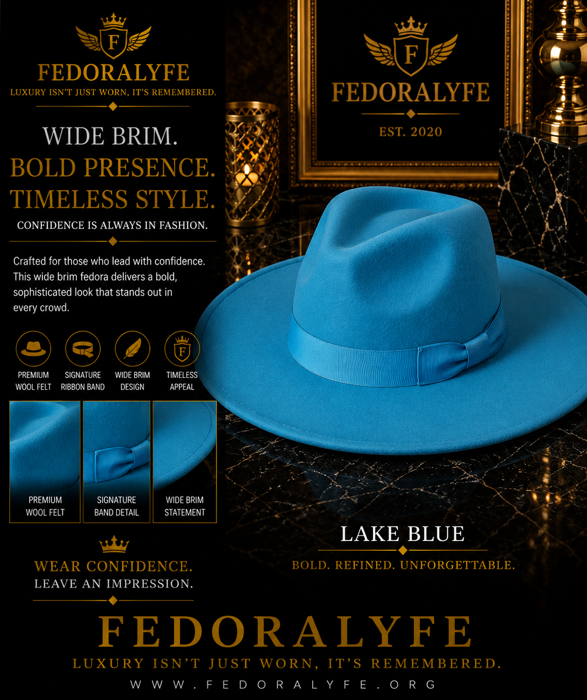 LAKE BLUE WIDE BRIM FEDORA HAT