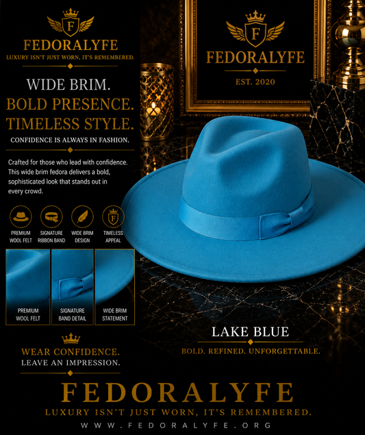 LAKE BLUE WIDE BRIM FEDORA HAT