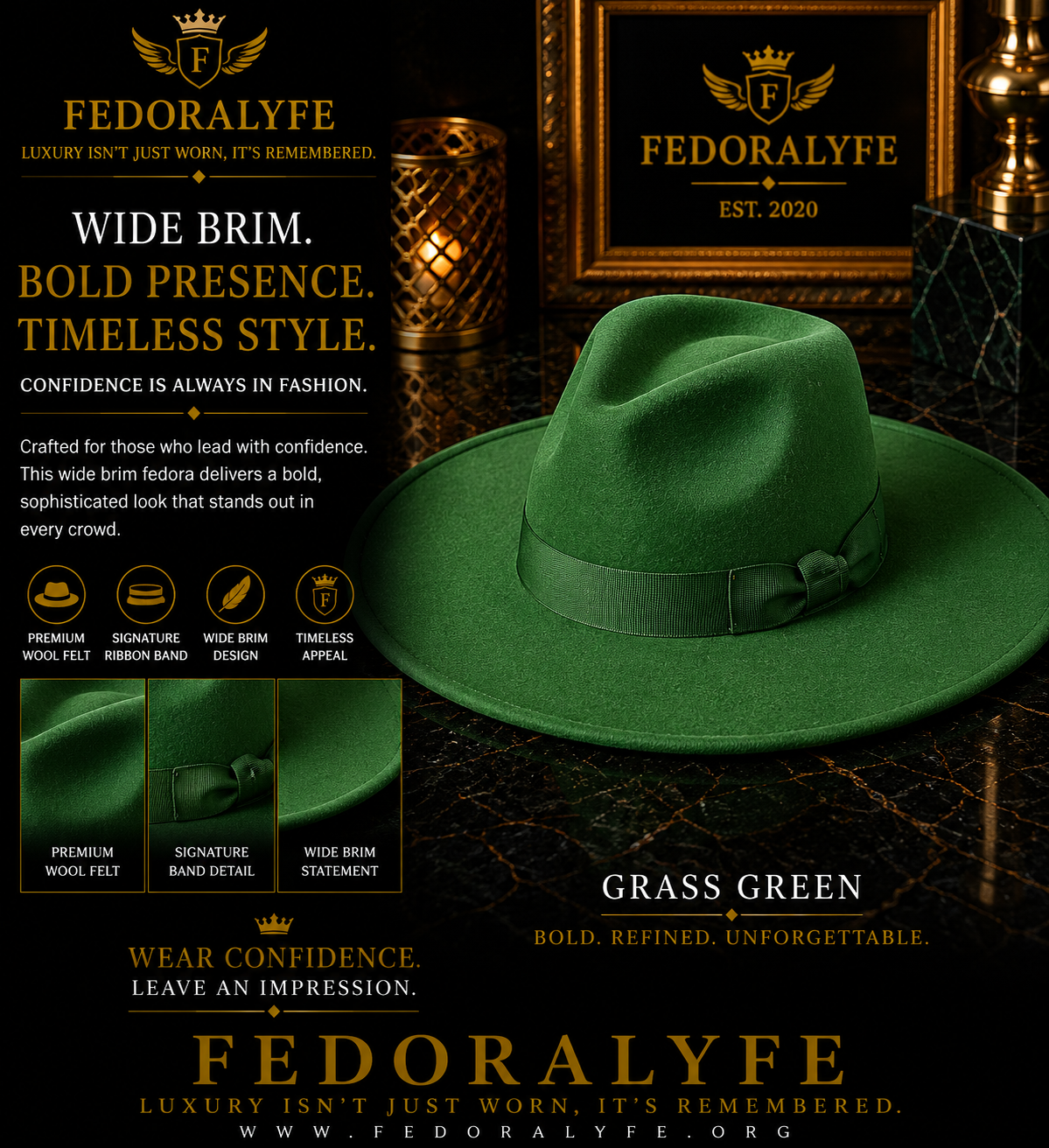 GREEN (GRASS) WIDE BRIM FEDORA HAT