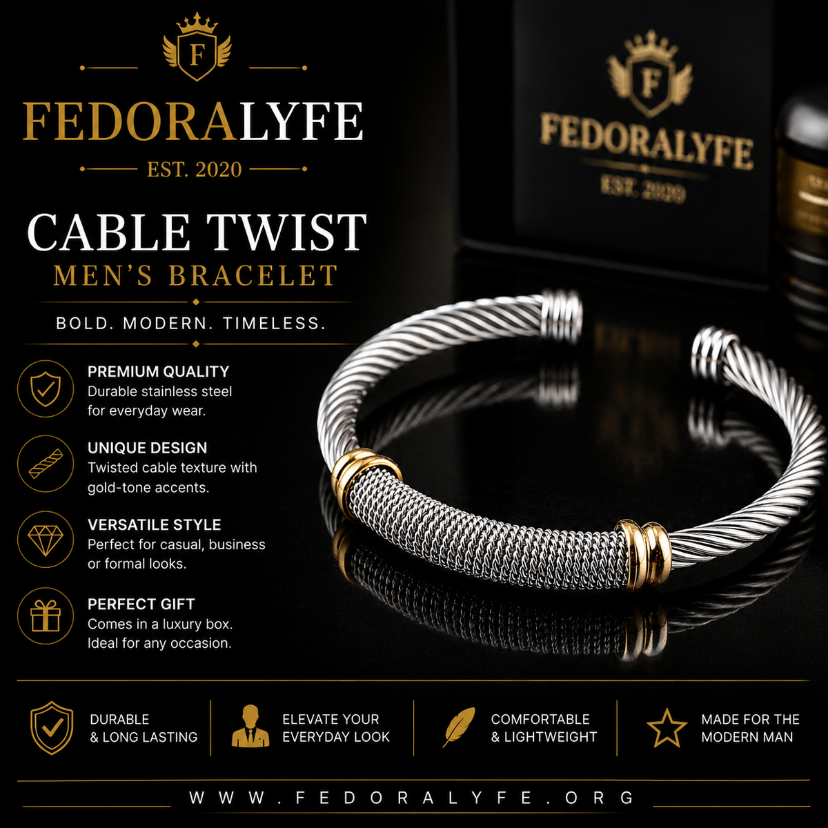 Silver & Gold Cable Twist Men's Bracelet