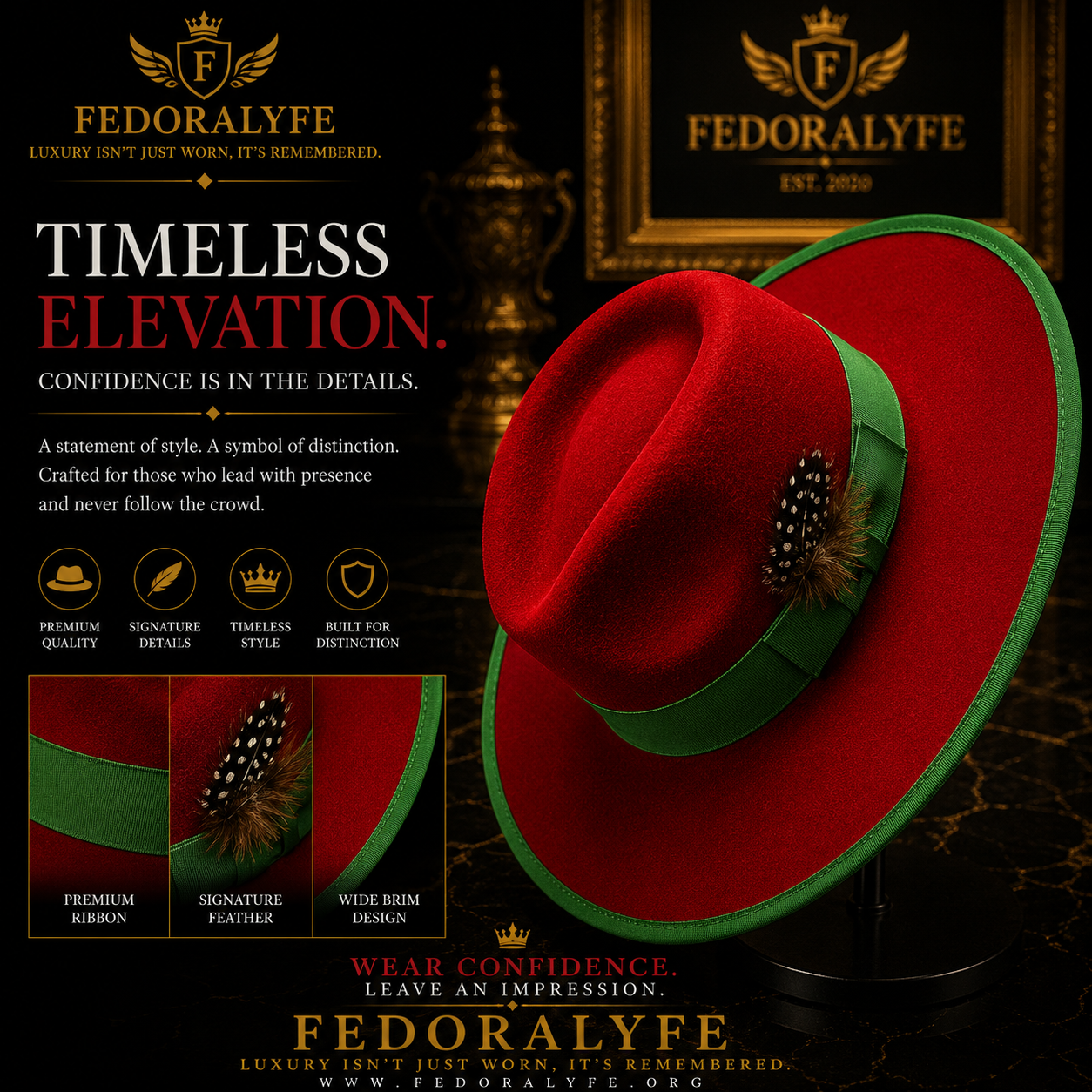 RED FEDORA WITH GREEN TIP