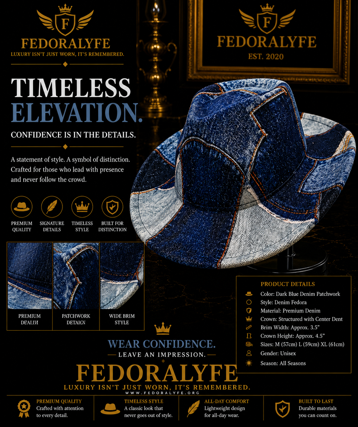 Denim Fedora – Dark Blue Denim Patchwork