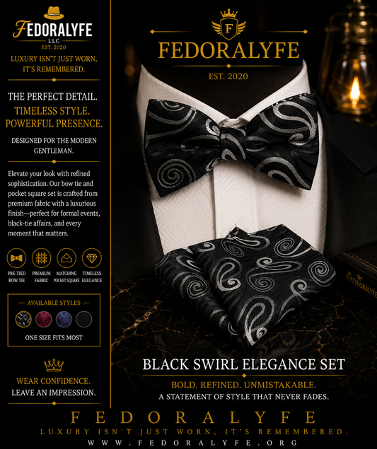BLACK BOWTIE AND POCKET SQAURE SET