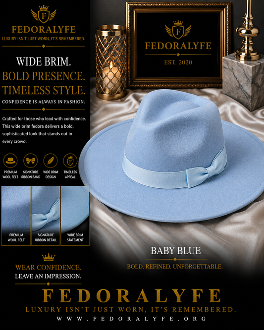 LIGHT BLUE WIDE BRIM FEDORA HAT