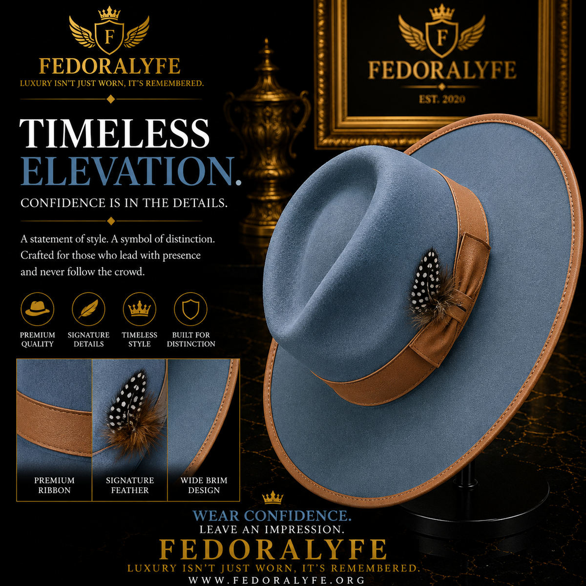 Sky Blue Wide Brim Fedora Hat with Tan Band/ Men's & Women 's Dress Hat