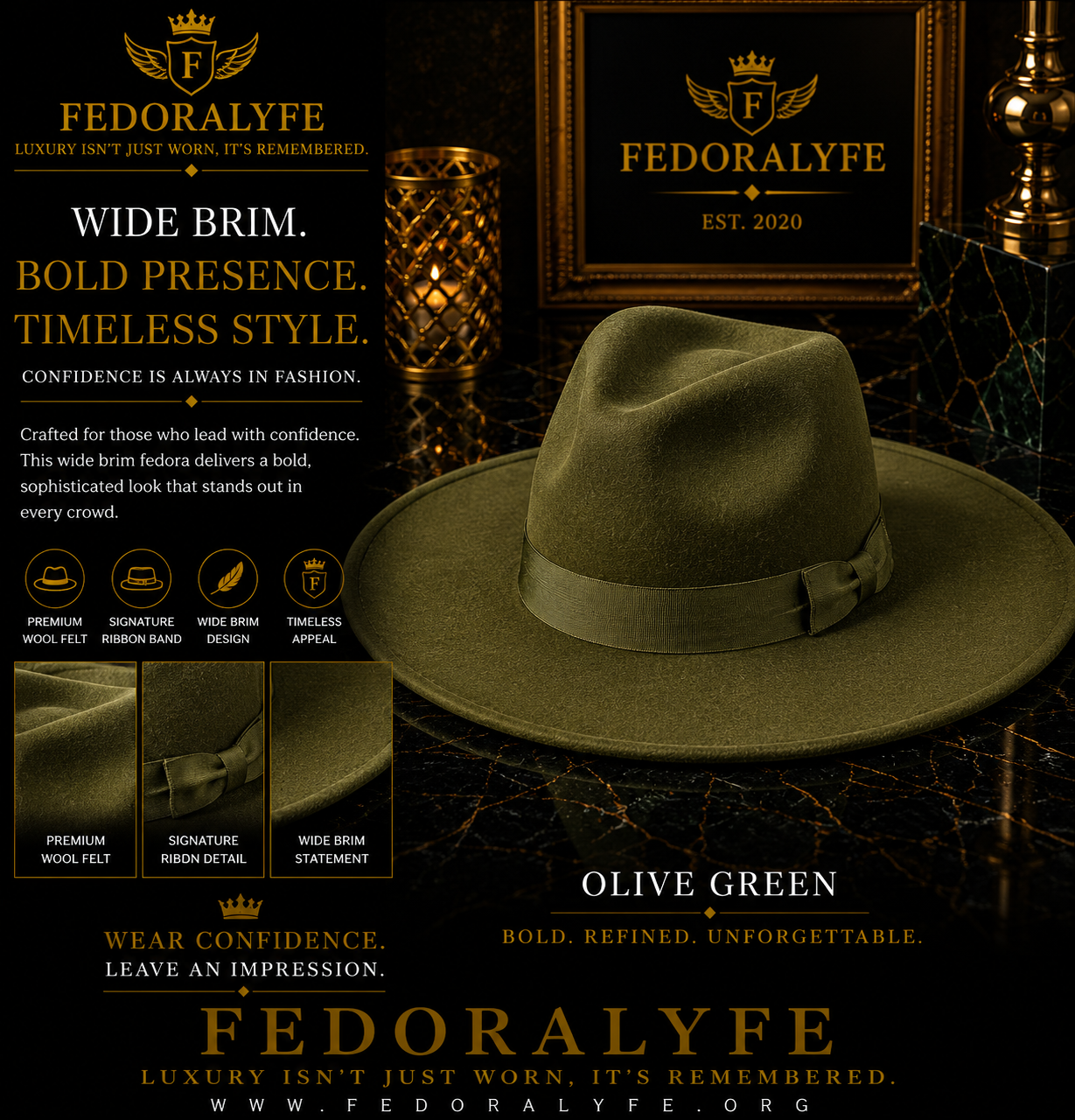 ARMY GREEN WIDE BRIM FEDORA HAT