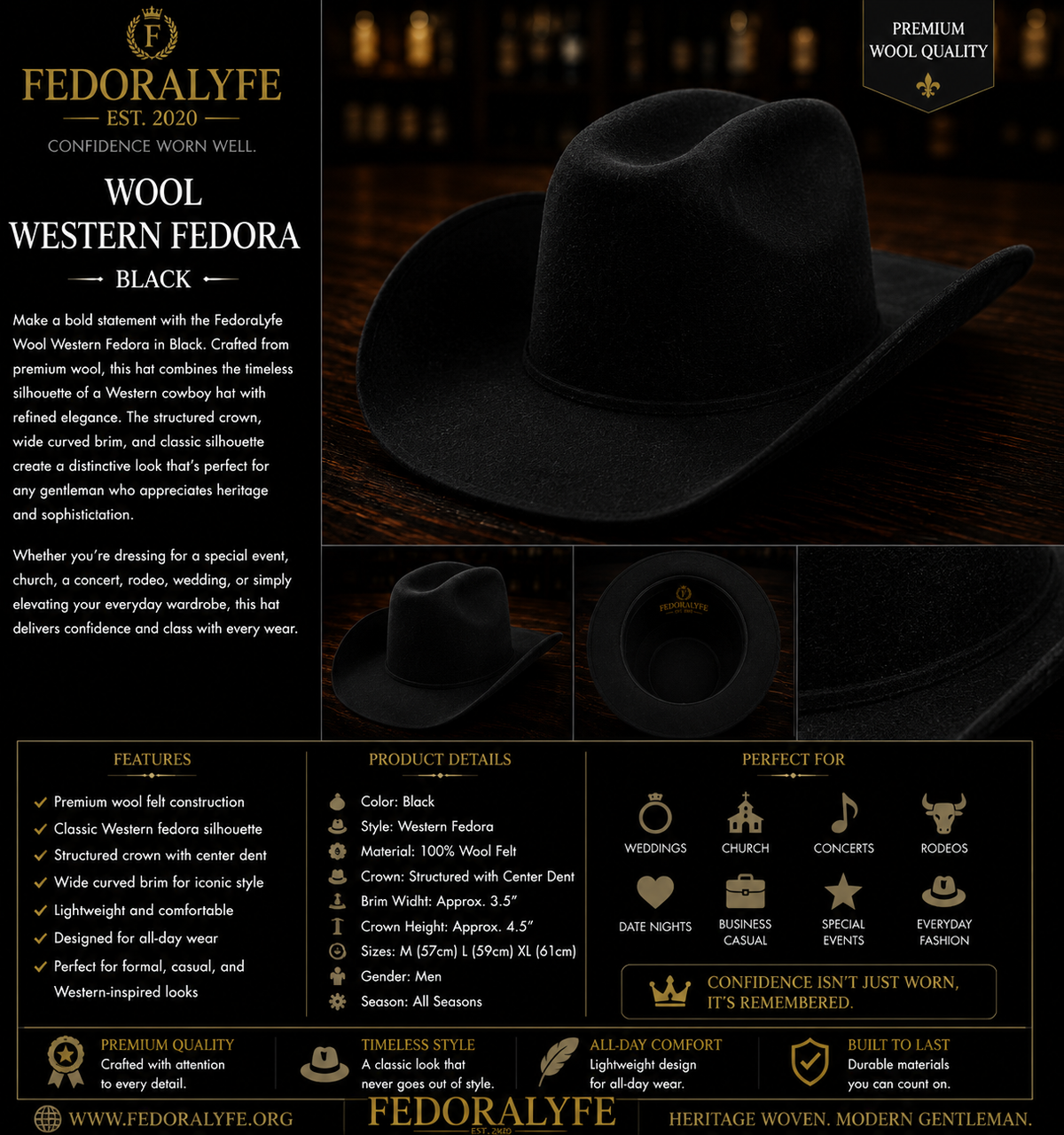 Wool Western Fedora – Black